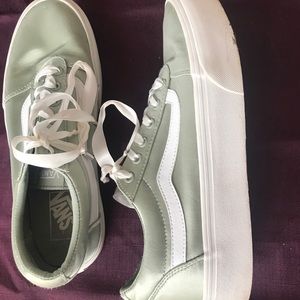 Satin sea foam vans, with white ribbon laces.